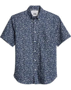 Joseph Abboud Modern Fit Short Sleeve Sport Shirt, Navy Fossil Leaf