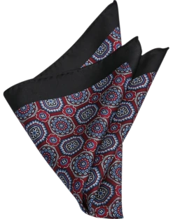Joseph Abboud Silk Pocket Square, Black & Burgundy Medallion
